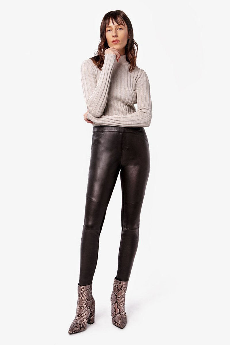 Black leggings with imitation leather knee patches | Lindex Poland