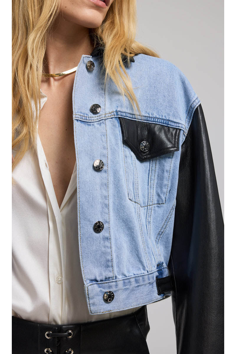 VALEX VEGAN LEATHER COMBO DENIM JACKET