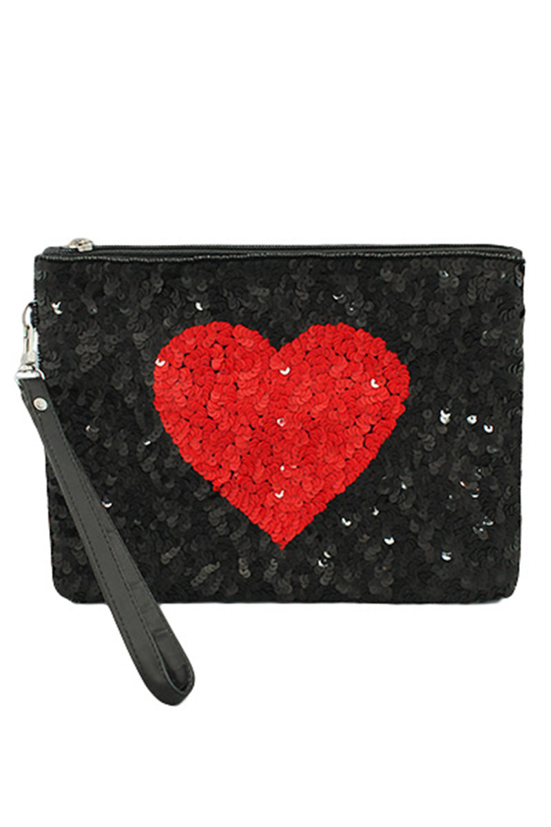 Sequin Heart Leather Purse in Black